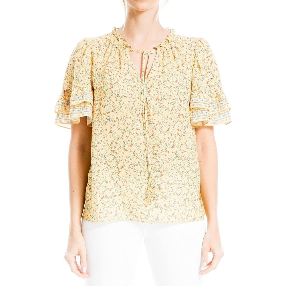 Max Studio Womens Ruffle Blouse Tiered Sleeve Floral Yellow A703D31 Size Medium